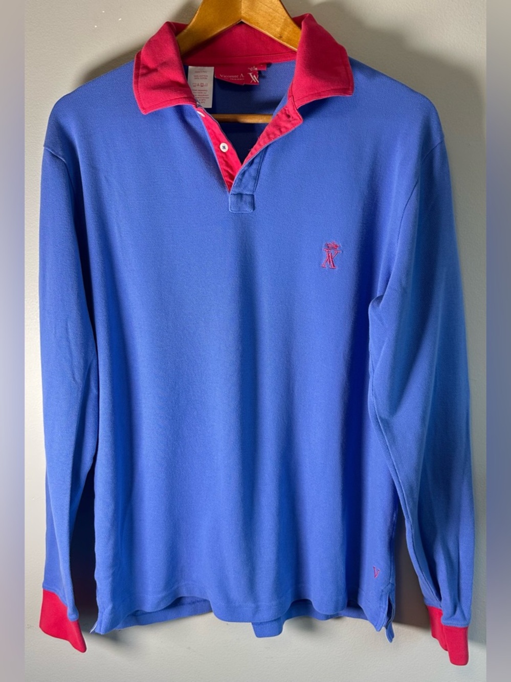 Vicomte A. Mens Long Sleeve Polo Shirt Size L Blue & Pink Rugby Paris Palm Beach